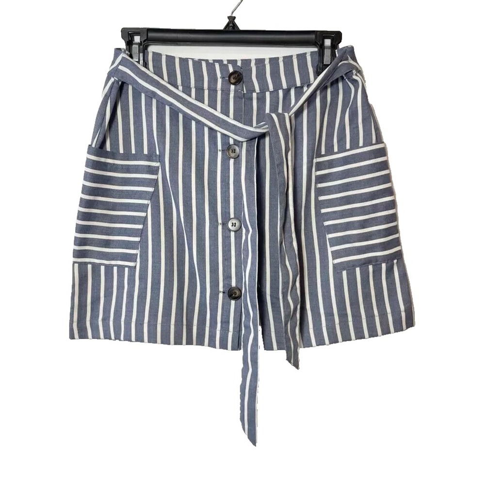 Altar'd State Blue Striped Mini Skirt Womens Size S Button Up Front Tie Pockets